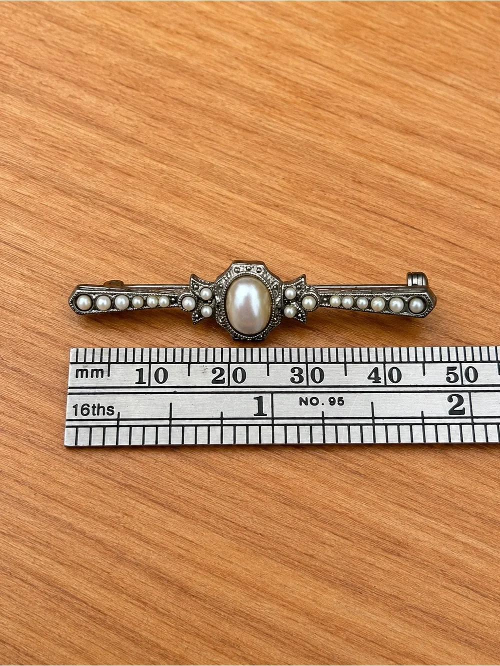 Art Deco Style Faux Pearl Bar Brooch Silver Tone Ornate Vintage Look Pin 2”